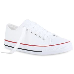 Mytrendshoe Damen Sneaker Low Basic Canvas Stoff Schuhe Turnschuhe Schnürer 820605, Farbe: Weiß Rotstreifen, Größe: 39