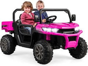 GOPLUS Kinder Elektroauto, 2-Sitzer Kinderauto mit Kippbett & Schaufel, Fernbedienung, Musik, Scheinwerfer & Hupe, 12V Kinderfahrzeug (Rosa)