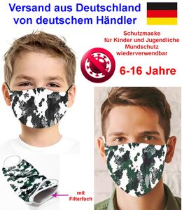 GKA Kinderschutzmaske für Kinder und Jugendliche 6-16 Jahre Camouflage schwarz/weiß/grau Mundschutz Mundschutzmaske Stoffmaske Stoff Strech wiederverwendbar Kindermaske Nasenschutz