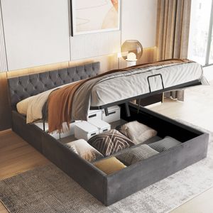 Tiema Polsterbett, 140 x 200 cm Doppelbett, hydraulisches Bett mit geräumiger Bettkasten und Lattenrost, Bezug aus Samtstoff, Grau