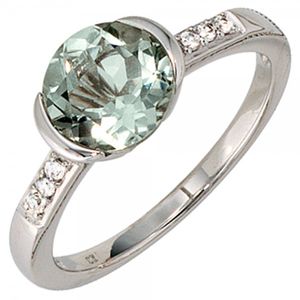JOBO Damen Ring 585 Gold Weißgold 6 Diamanten Brillanten 1 grüner Amethyst Goldring Größe 52