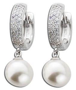 Creolen Ohrringe Klappcreolen Damen Perle Silber 925 synthetische Perlen klare weisse Zirkonia