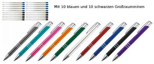 10 Kugelschreiber aus Metall / je 10 schwarze + blaue Minen / 10 Farben