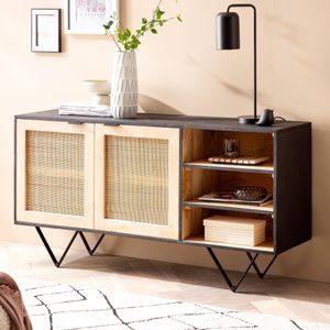 Sideboard FineBuy Anrichte 145x75x40 cm Massivholz Rattan Kommodenschrank