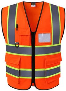 Unisex Hohe Sichtbarkeit Warnweste mit Reflektorstreifen und Reißverschluss Vier Taschen Arbeitsweste Orange Rot Fehlschlag: 49.21in, Länge: 27.56in