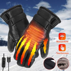 1 Paar Schwarze Leder Thermo Handschuhe Motorrad USB Beheizte Winter Warme Handschuhe Elektrische Heizhandschuhe Schaltertyp Fahrrad-Skihandschuhe