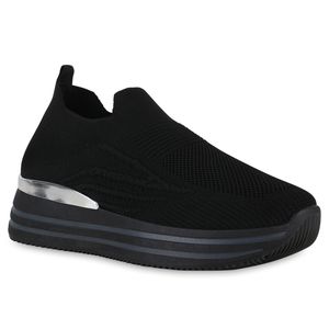 VAN HILL Damen Plateau Sneaker Strick Profil-Sohle Slip Ons Stoff-Schuhe 840949, Farbe: Schwarz, Größe: 39