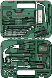 Bosch Advanced Hand Tools Set, 64-teilig (Heimwerker-Set; hohe Qualität; ergonomisch; Zange, Schraubenschlüssel, Schraubendreher, Ratsche, Flexometer, Säge, Hammer und mehr)
