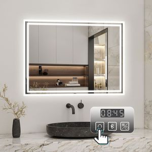 LED Spiegel mit Bluetooth 100×60cm Uhr Kalt/Neutral/Warmweiß dimmbar Memory Touch/Wandschalter Beschlagfrei Spiegel