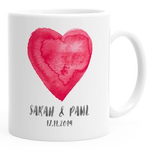 personalisierte Kaffee-Tasse mit zwei Namen Datum Herz personalisierte Geschenke Liebe Hochzeit Valentinstag SpecialMe® weiß Keramik-Tasse