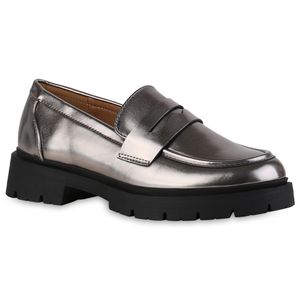 VAN HILL Damen Plateauschuhe Halbschuhe Profil-Sohle Schuhe 840550, Farbe: Grau Metallic, Größe: 39