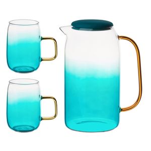 Wasserkrug 1,5 l Saftkrug Deckel + Gläser GLAS Wasserkaraffe Türkis STARKE PRO