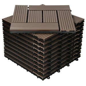 ECD Germany WPC terasové dlaždice, 30x30 cm, 44-dielna ekonomická sada na 4m², tmavo hnedá, mozaika, vo vzhľade dreva, na záhradné balkónové podlahy s drenážnym systémom click, terasové terasy balkónové dlaždice click dlaždice drevené dlaždice