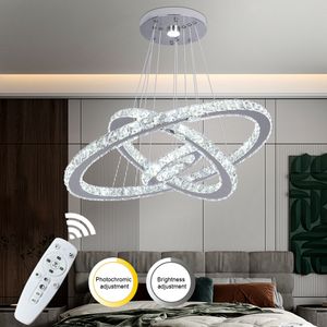 Fortuna Lai 104W LED Moderne Kristall Kronleuchter Dimmbar Pendelleuchte Kreative Hängelampe, 3 Ringe Einstellbare Deckenleuchte Schlafzimmerlampe mit Fernbedienung