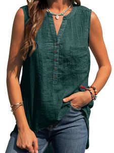 Damen Henley Neck Einfarbig Sommer Oberteil Vaction Pullover Modeknopf Ärmelloses T-Shirt Braun,Größe XL