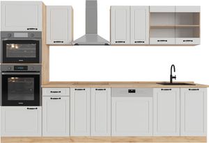 Vicco Küchenzeile R-Line, 300 cm mit Hochschrank, ohne Arbeitsplatte, Weiß Landhaus/Goldkraft Eiche