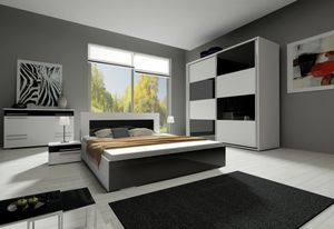 Ložnicová sestava KAYLA II (2x noční stolek, komoda, skříň 200, postel 160x200), bílá/černá lesk