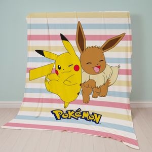 Pokemon Kuscheldecke für Kinder mit Pikachu und Evoli Motiv · Bunte Tagesdecke 160x200 cm aus 100% flauschigem Polyester