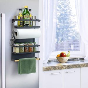 Kühlschrank Hängeregal Kühlschrank Gewürzregal Regal Küche Organizer Aufbewahrung  mit Küchenrollenhalter - Schwarz