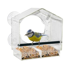 Fenster Futterhäuschen für Vögel - 20 x 18 cm - Transparentes Vogelhäuschen mit Saugnäpfen und Sitzstange - Vogel Futterstation Futterhaus Futterstelle Futterspender zum Befestigen an Glasscheiben