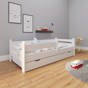 Kinderbett 200x90 Voll-Holz Rausfallschutz, Schublade & Lattenrost in weiß 90 x 200 Mädchen Jungen Bett Skandi