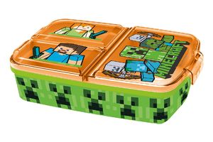 p:os p:os Minecraft Brotdose für Kinder mit 3 Fächern, Lunchbox aus Kunststoff mit Clip-Verschlüssen, Vesperdose für Kindergarten, Schule und Freizeit