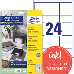 Avery Zweckform 3658-10 Etiketten, Home Office, Kleinpackung, A4 mit ultragrip,  Adressaufkleber 64,6 x 33,8 mm, weiß