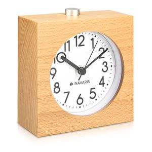 Navaris Analog Holz Wecker mit Snooze - Retro Uhr im Viereck Design mit Ziffernblatt Alarm - Leise Tischuhr ohne Ticken - Naturholz in Hellbraun