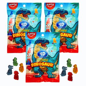 3x AMOS 4D Gummy Dinosaur, Essbare Dinos, Fruchtgummi Dinosaurier in detaillierter 3D Form 114 g Beutel, Dino Süßigkeiten I Dino Kindergeburtstag