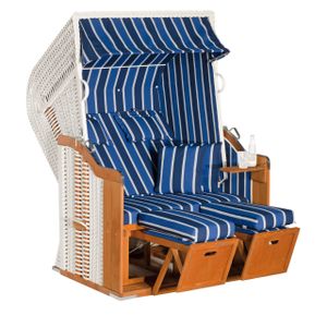 Rustikal Strandkorb 250 Plus 2-Sitzer, Halblieger Ostseeform, Geflecht weiß, Strukturpolyester blau-dunkelblau-weiß-gestreift, Fichtenholz lasiert, ca.125x90x160