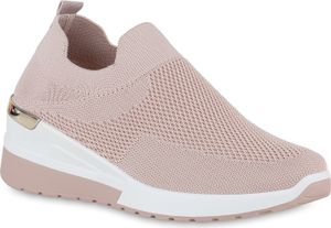 VAN HILL Damen Sportschuhe Slip Ons Keilabsatz Sportliche Strick Schuhe 840257, Farbe: Rosa, Größe: 38