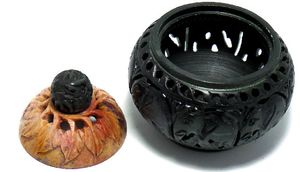 Räucherdose 'Ajanta' aus Speckstein - zweifarbiges großes Räuchergefäß