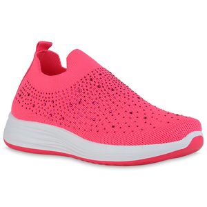 VAN HILL Damen Slip Ons Sportschuhe Strass Strick Profil-Sohle Schuhe 840298, Farbe: Neon Pink, Größe: 40