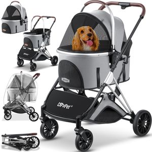 LOVPET® Hundewagen 3in1 Hundebuggy Hundebox Transporttasche 360° Große Räder Faltbar klappbar Haustiere Buggy mit Netzfenstern & Regenschutzabdeckung Jogger Katzenbuggy für kleine Hunde Katzen