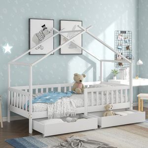 Flieks Kinderbett Hausbett Einzelbett mit 2 Schubladen und Ausfallschutz, 90x200cm weiß