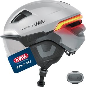 ABUS Fahrradhelm HYP-E ACE - mit Frontlicht, Rücklicht und Blinklicht - mit Visier und Ohrenschützern - geeignet auch für E-Bike und S-Pedelec - für Damen und Herren - Silber, Größe L (57-61 cm)