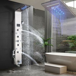 Linuode LED-Licht Duscharmatur Badezimmer SPA Massage Jet Duschsäulensystem Wasserfall Regen Duschpaneel Bidet Sprayer Tap,8009 Gebürstet B