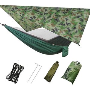 3 v 1 Camping Hammock se zipem Mosquito Net a plachtou, 300kg Load Army Green Camouflage Hammock pro venkovní turistiku