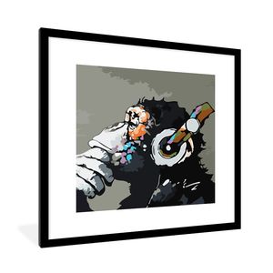 MuchoWow® Gerahmtes Poster Gemälde - Ölgemälde - Affe - Kopfhörer 40x40 cm - Poster mit Schwarzem Bilderrahmen Wandposter Rahmen Foto Bilder - Poster - Plakat im Rahmen