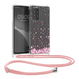 kwmobile Necklace Case kompatibel mit Samsung Galaxy A53 5G Hülle - Silikon Cover mit Handykette - Rosa Dunkelbraun Transparent Kirschblütenblätter