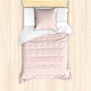 ABAKUHAUS Damast Bettbezug Set für Einzelbetten, Detaillierte Komplizierte Botanical, Milbensicher Allergiker geeignet mit Kissenbezug, 135 cm x 200 cm - 80 x 80 cm, Blush und Weiß