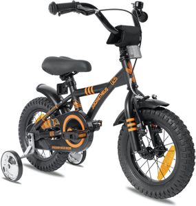 PROMETHEUS Kinder Fahrrad ab 3 Jahre | 12 Zoll Kinderrad mit Stützräder | Schwarz Matt & Orange