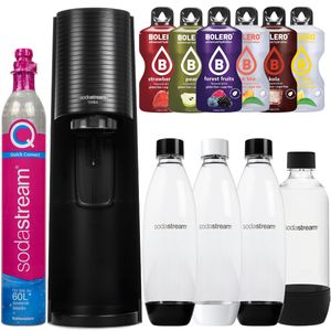 SODASTREAM Terra Black Wassersprudler + 3 Stück Flaschen 1 L Schwarz, 1 Stück Flaschen 1 L  Weiß