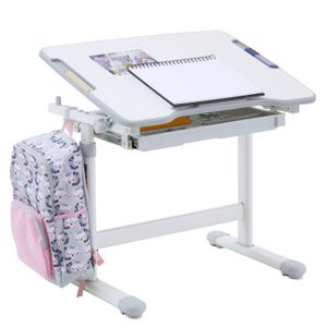 Kinderschreibtisch VITA weiß/grau höhenverstellbar und neigbar, Schreibtisch für Kinder mit Schublade, Tisch mit Rinne für Stifte und Rucksackhalterung