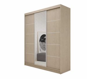 AGMAT Schwebetürenschrank Kira, Kleiderschrank mit 3 Türen und Spiegel und 2 Schubladen, Moderne Garderobe in Farbe: Sonoma / , Schrank in Größe: 180 x 216 x 61 cm