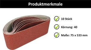 10 Schleifbänder [ 75x533 mm ] Bandschleifer Schleifband Körnung 40 | K40 | P40