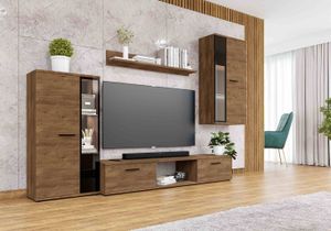 FURNIX Mediawand SARAI Wohnwand Wohnzimmerschrank mit TV Board und Vitrine ohne LED 4-teilig 240 cm modern Eiche Lefkas
