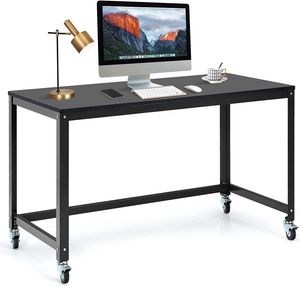 Schreibtisch auf Rollen, Computertisch mit robuster Metallrahmen, Laptoptisch für Büro, Zuhause, Arbeitszimmer, Industriestil, PC-Tiach, Bürotisch aus Holz (schwarz)
