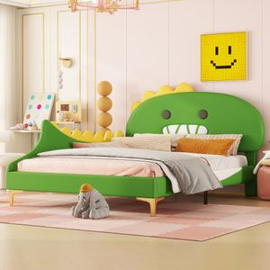 Čalouněná postel Flieks 140x200 cm s lamelovým roštem, dětská postel s ochranou proti vypadnutí, manželská postel s čelem ve tvaru dinosaura, dřevěná postel PU, zelená