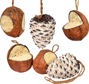 dobar Vogelfutter-Mix zum Aufhängen, gefüllte Kokosnüsse und Pinienzapfen, 6-teiliges Fettfutter-Set
